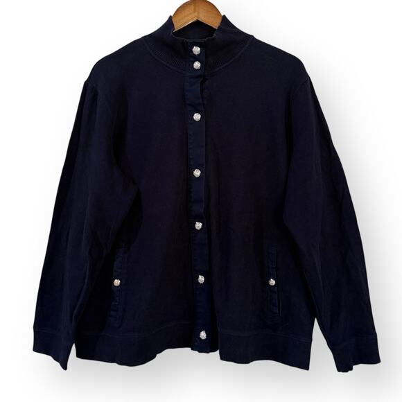 Lauren Ralph Lauren Blue Snap Button Down Mock Neck Sweater Cardigan Jacket 2X - Picture 1 of 10